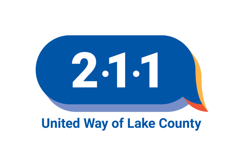 A blue speech bubble with white numbers 2-1-1 inside, above the text United Way of Lake County in blue. The speech bubble has a small orange and yellow accent on the right side.