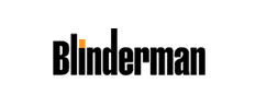 The image shows the word Blinderman in bold black letters on a light gray background. The dot above the letter i is orange, contrasting with the rest of the text.