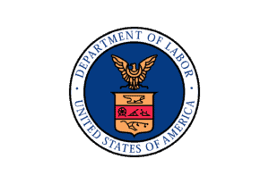 The official seal of the U.S. Department of Labor, featuring a gold eagle above a shield with symbols, surrounded by a blue ring with the words “Department of Labor United States of America.”.