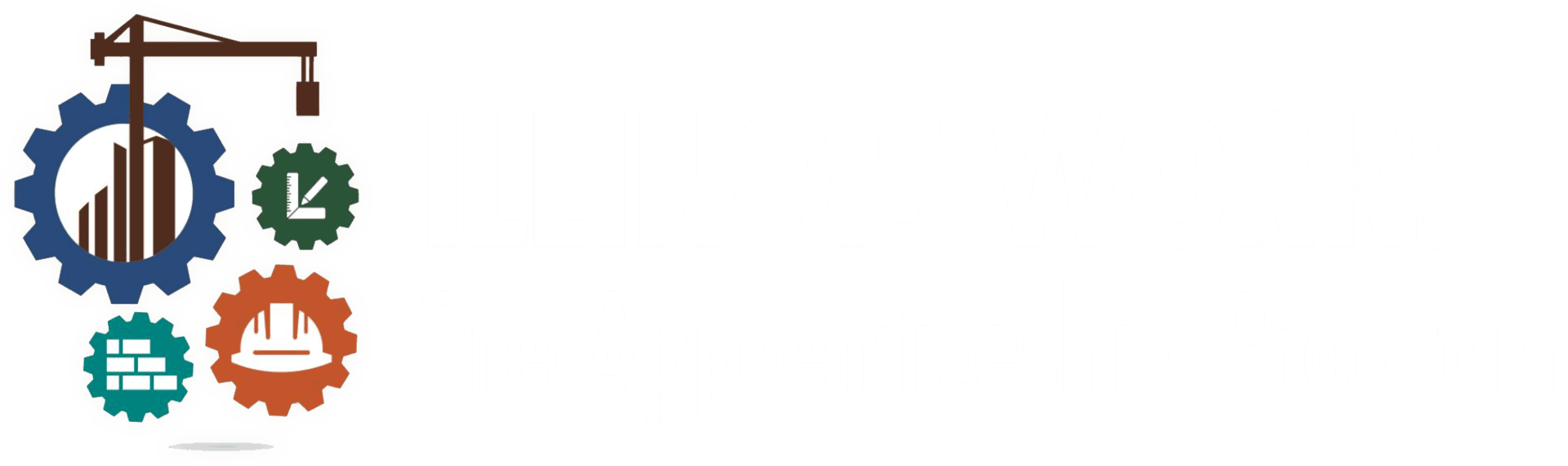 Logo for the Illinois Works Pre-Apprenticeship Program, featuring gears with icons of a crane, bar chart, clock, bricks, and a hard hat to represent construction and job training.