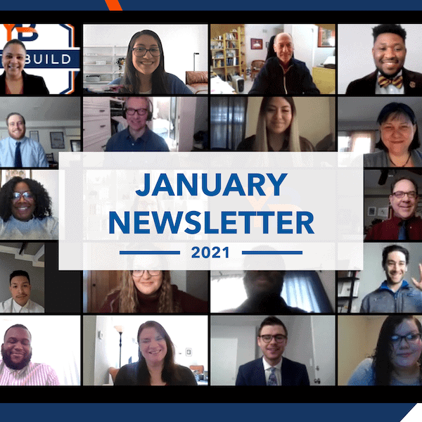A collage of 16 smiling people in a video call grid, with the center overlay reading JANUARY NEWSLETTER 2021 in bold blue letters.