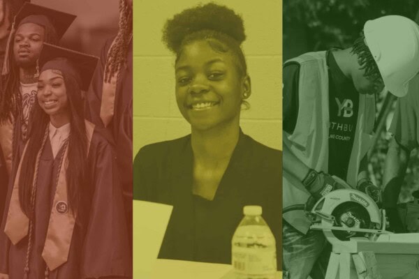 A three-panel image: left shows graduates in caps and gowns; center shows a young woman smiling at a table; right shows a person in a hard hat and safety vest using a circular saw. Each panel is tinted red, yellow, or green.