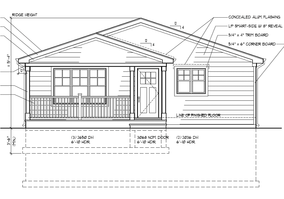Architectural drawing of a single-story house front elevation with a covered porch, two columns, windows, door, siding, trim, and measurement notations for construction.
