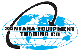 Logo for Santana Equipment Trading Co. featuring a stylized globe with continents outlined in blue and a bold black arrow curving over the top. The company name is displayed in large black text across the center.