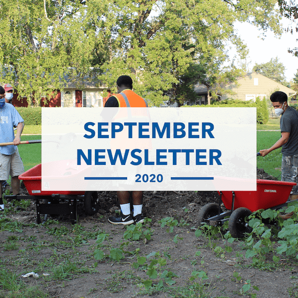 Three people stand outside near wheelbarrows and dirt, working in a garden or yard. A large translucent banner reads “September Newsletter 2020.” Trees and houses are visible in the background.