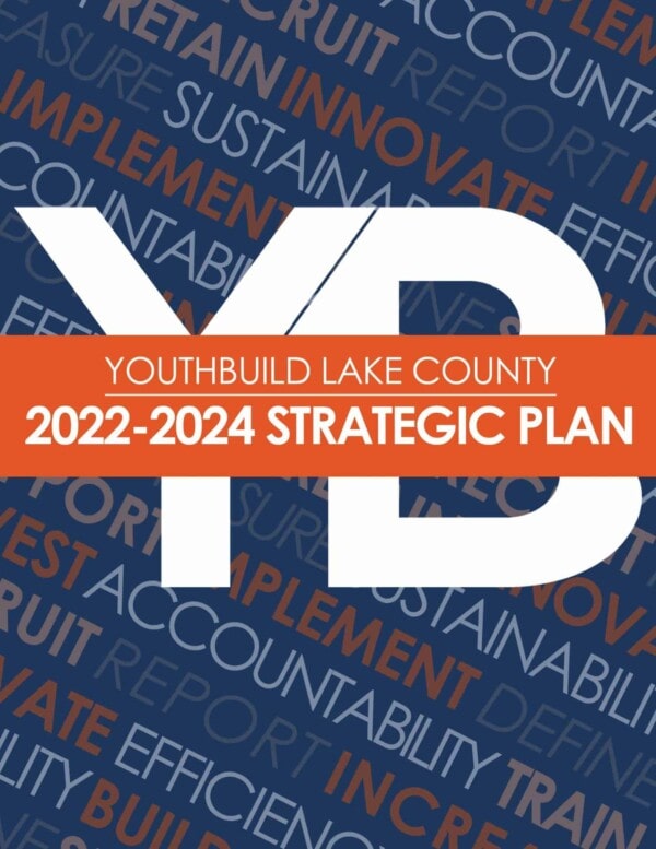 Cover of the YouthBuild Lake County 2022-2024 Strategic Plan with large white YB initials and an orange banner across the center. Background features strategic goal words in blue and orange text.