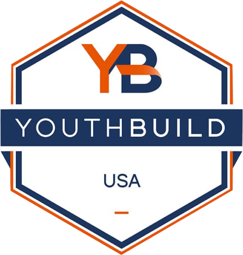 A hexagonal logo with YB in orange and navy at the top, YOUTHBUILD in white text on a navy bar in the center, and USA below, all outlined in orange and navy.